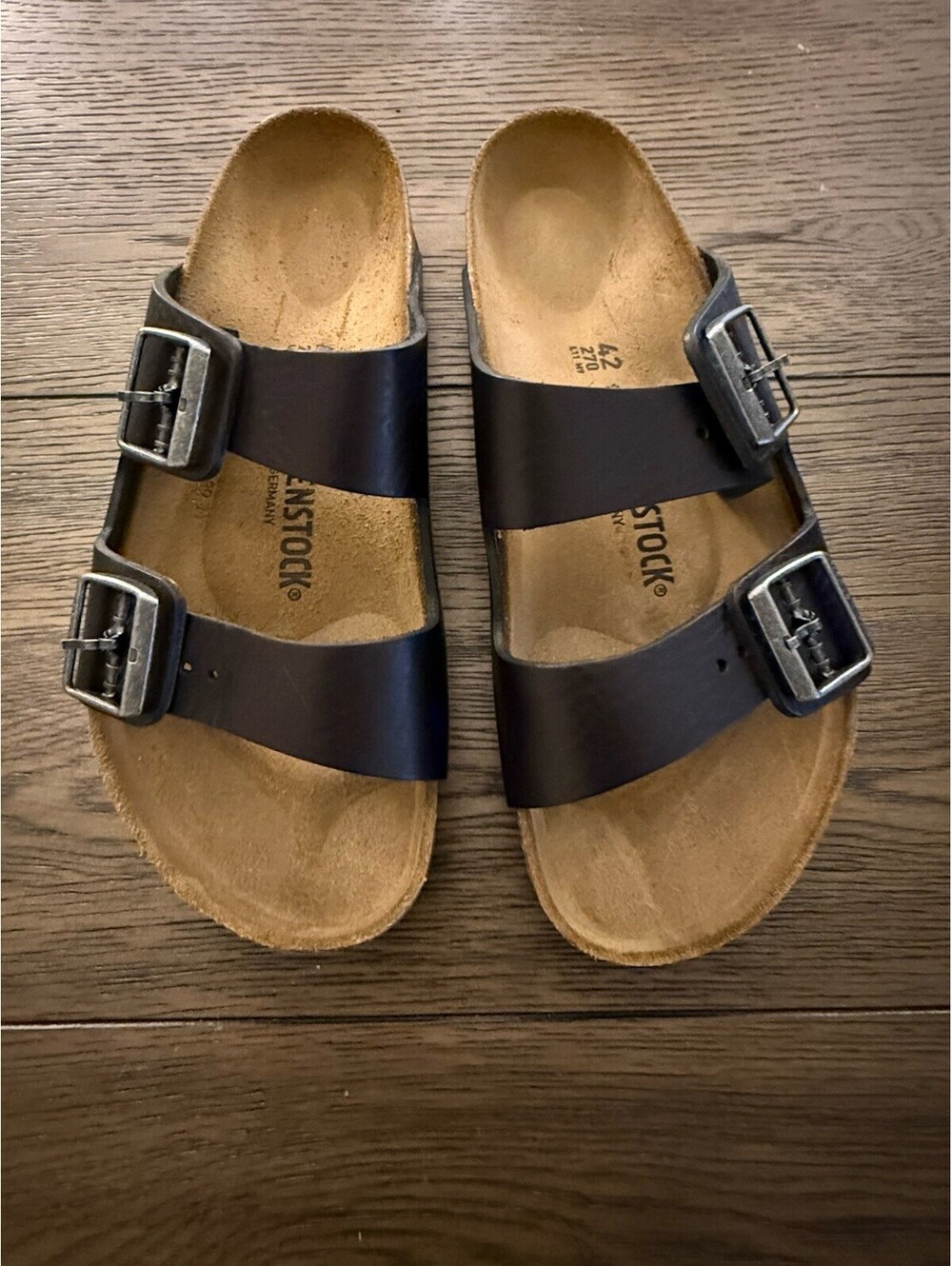 Birkenstock Arizona Vintage Wood Black Leather Sandals EU 42 US Men 9 Reg NIB
